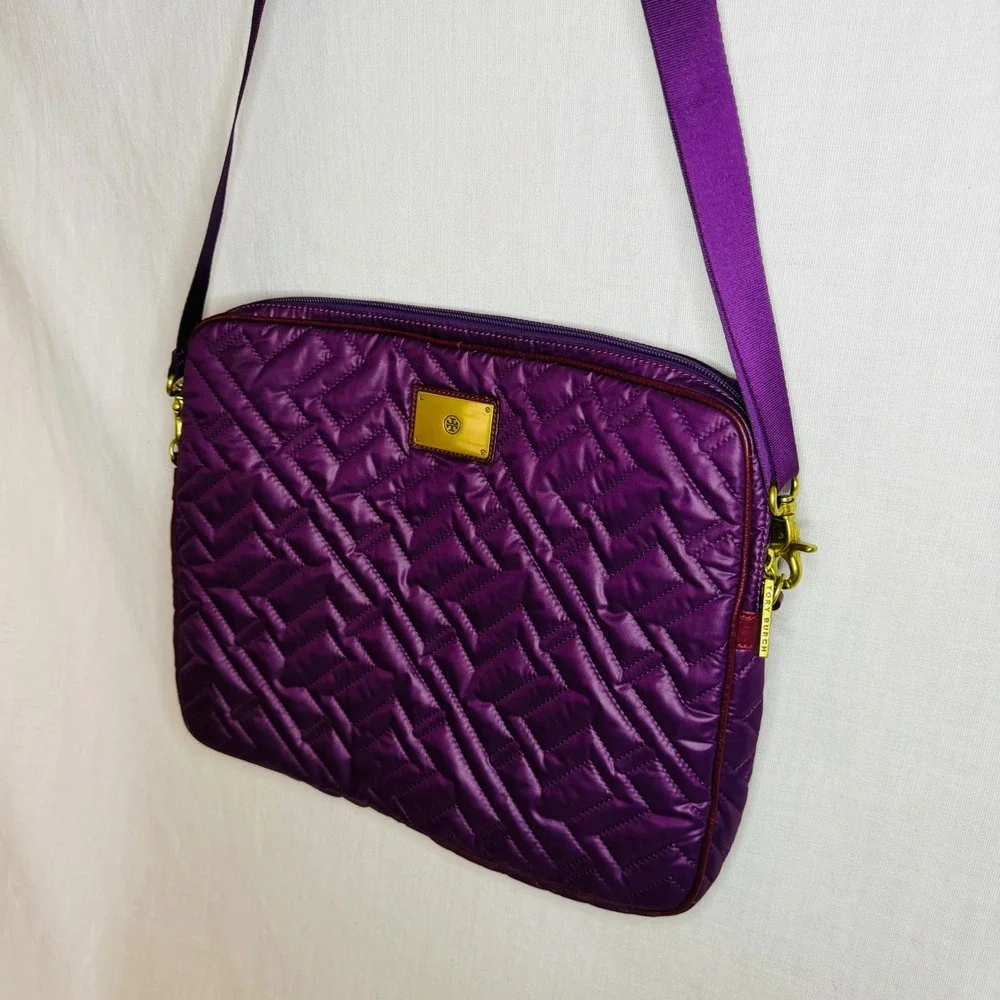 Tory Burch Purple Quilted Crossbody Laptop Bag Padded Tech Case Gold Hardware